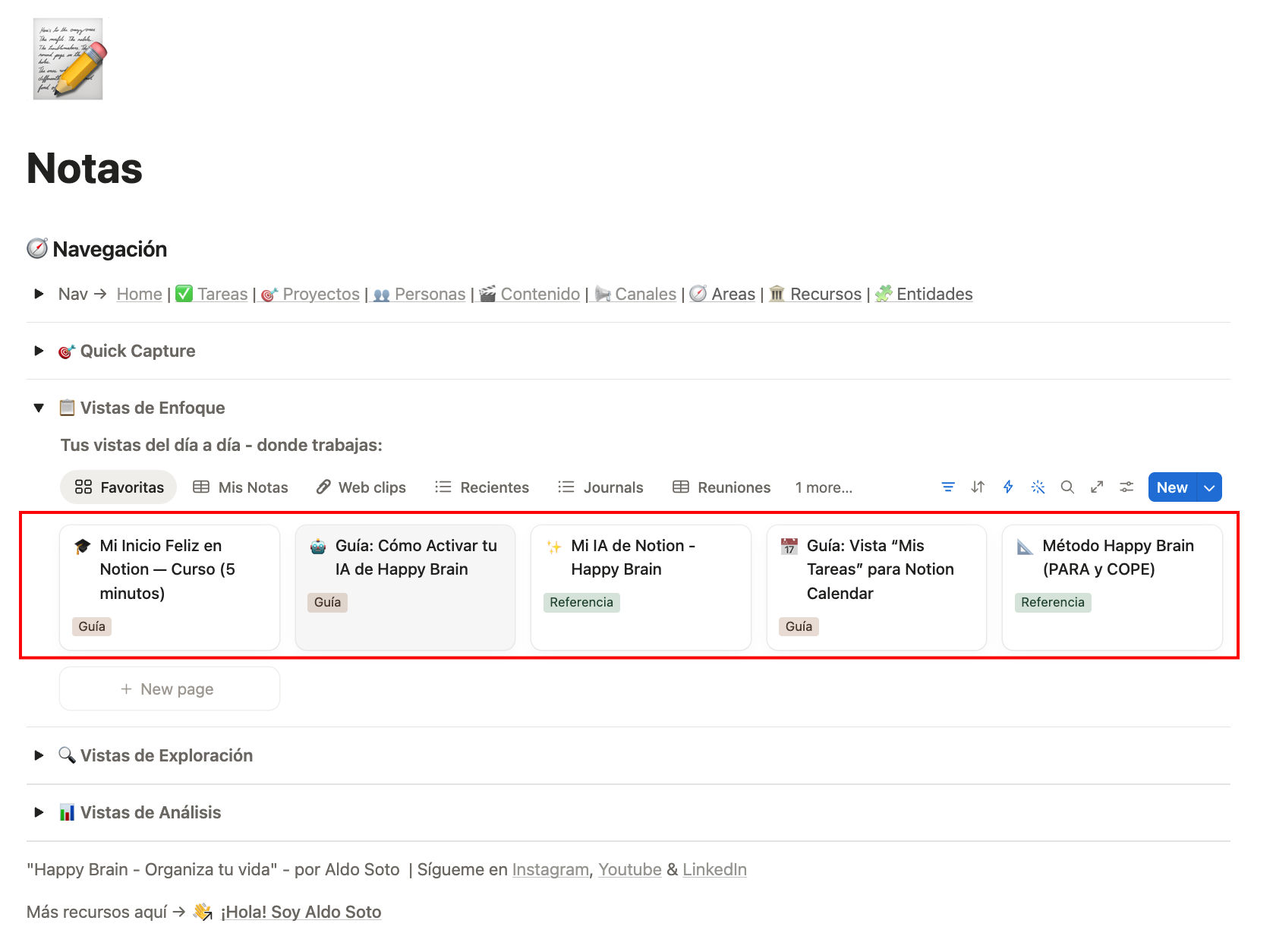 DB Notas con vista Favoritas en Happy Brain 2.0