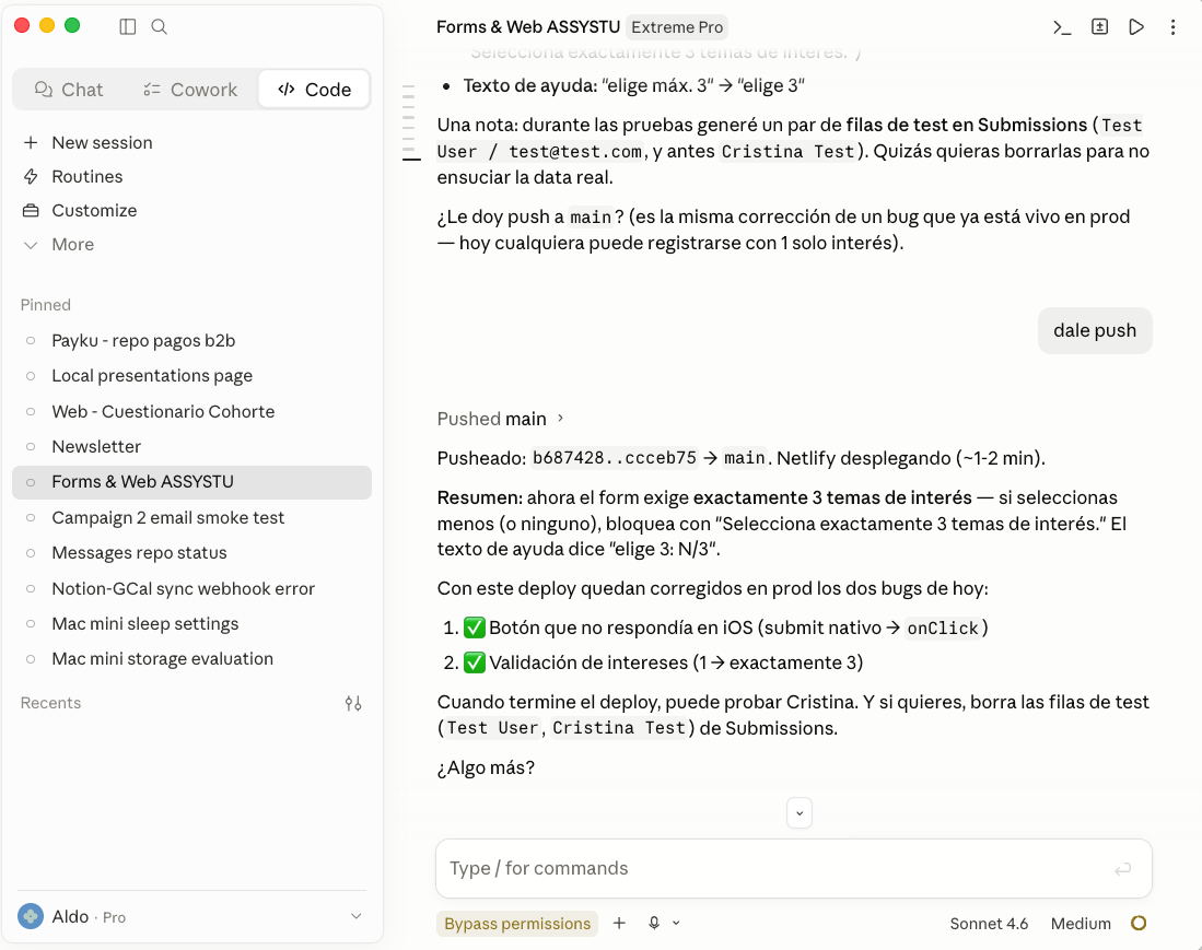 Claude Code actualizando las tareas y notas del proyecto en Notion de forma remota vía MCP