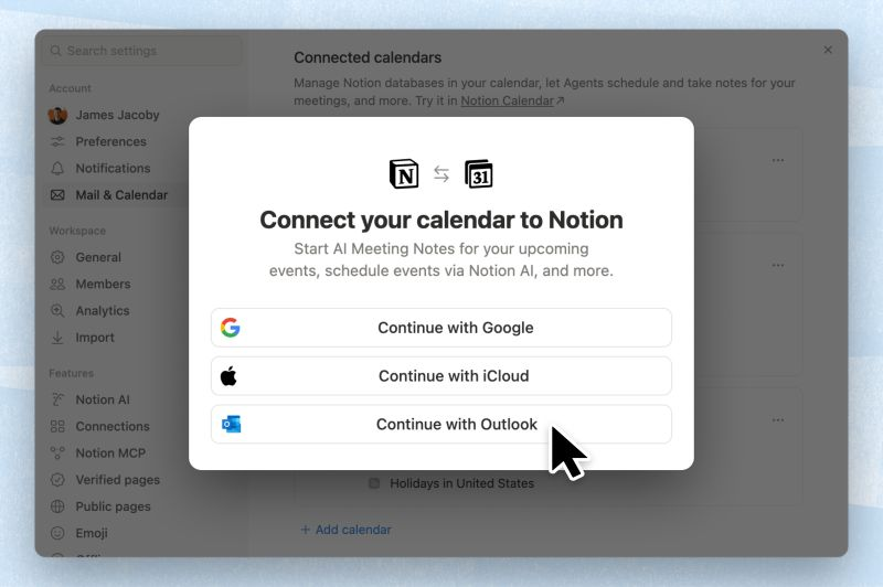Vista de Notion Calendar con varias cuentas (personal y de empresa) reunidas en una sola pantalla